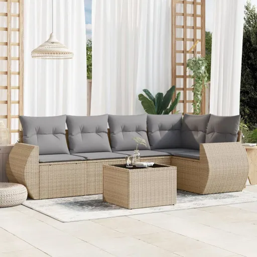 Conjunto de Sofás p/ Jardim com Almofadões Vime PE Bege (6 pcs)