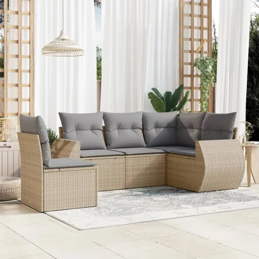 Conjunto de Sofás p/ Jardim com Almofadões Vime PE Bege (5 pcs)