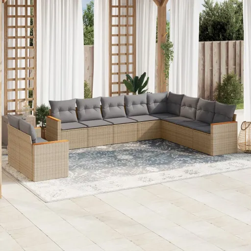 Conjunto de Sofás p/ Jardim com Almofadões Vime PE Bege (10 pcs)