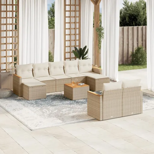 Conjunto de Sofás p/ Jardim com Almofadões Vime PE Bege (10 pcs)