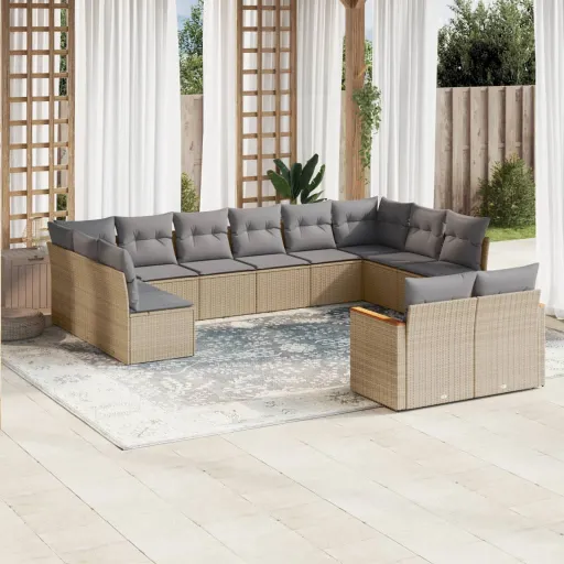 Conjunto de Sofás p/ Jardim com Almofadões Vime PE Bege (12 pcs)