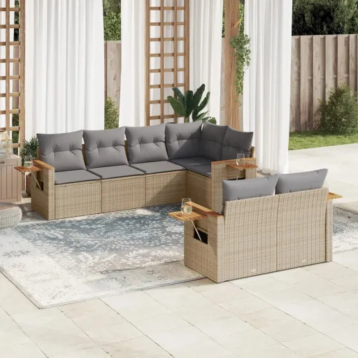 Conjunto Sofás p/ Jardim c/ Almofadões Vime PE Cinzento (7 pcs)