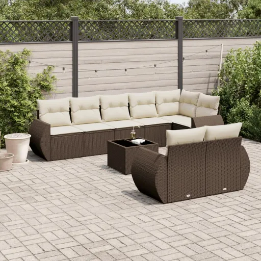 Conjunto Sofás p/ Jardim c/ Almofadões Vime PE Castanho (9 pcs)