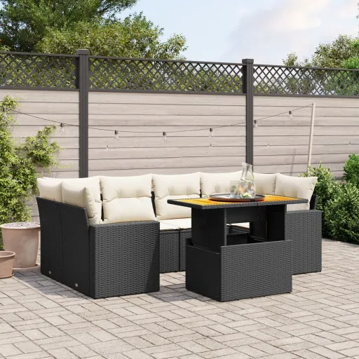 Conjunto de Sofás p/ Jardim c/ Almofadões Vime PE Preto (7 pcs)