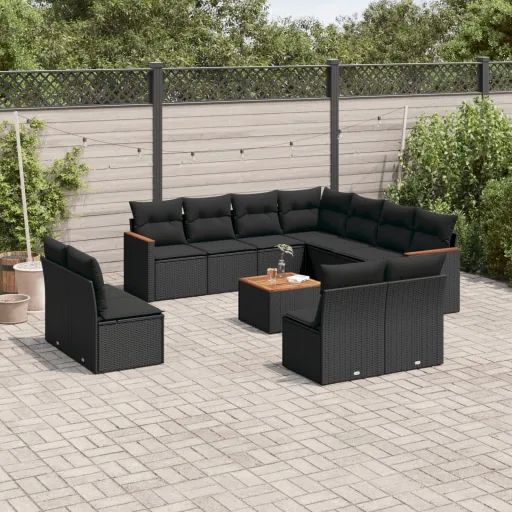 Conjunto de Sofás de Jardim c/ Almofadões Vime PE Preto (12 pcs)