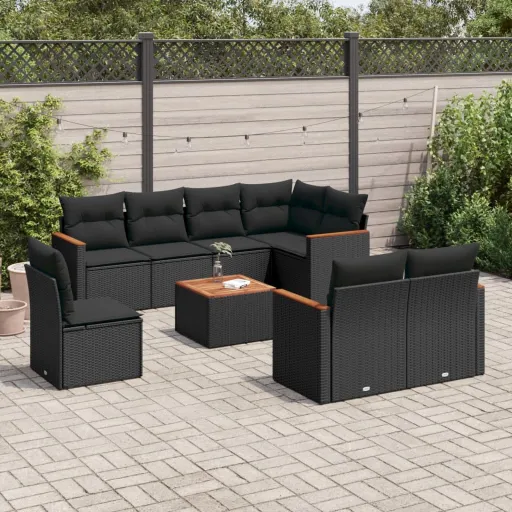 Conjunto de Sofás p/ Jardim c/ Almofadões Vime PE Preto (9 pcs)