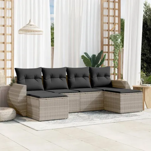 Conj. Sofás Jardim com Almofadões Vime PE Cinzento-Claro (6 pcs)