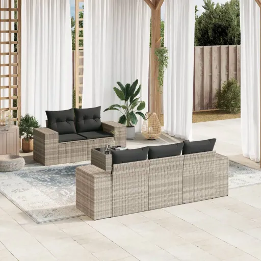 Conj. Sofás Jardim com Almofadões Vime PE Cinzento-Claro (6 pcs)