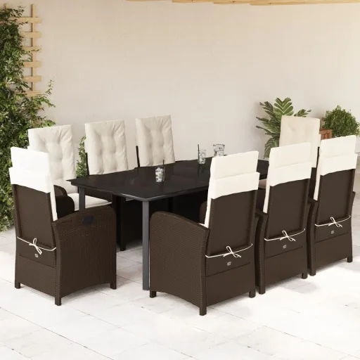 Conjunto Jantar p/ Jardim c/ Almofadões Vime PE Castanho (9 pcs)