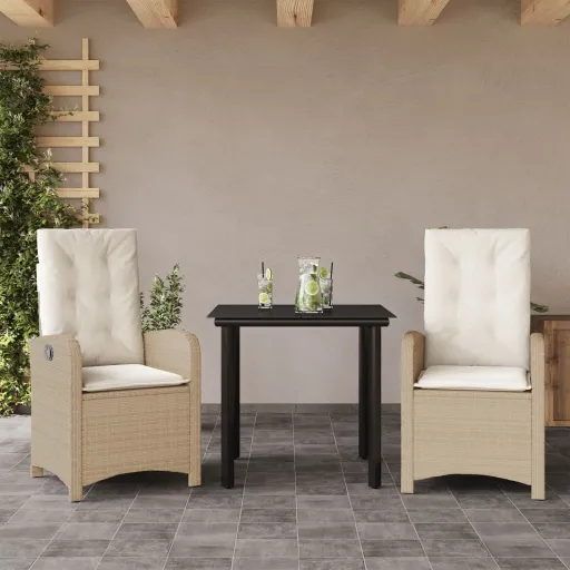 Conjunto de Jantar p/ Jardim com Almofadões Vime PE Bege (3 pcs)