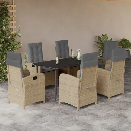 Conj. Jantar Jardim c/ Almofadões Vime PE Bege Misturado (7 pcs)