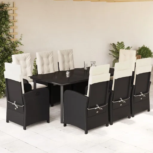 Conjunto de Jantar p/ Jardim c/ Almofadões Vime PE Preto (9 pcs)