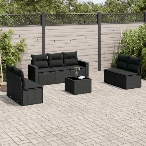 Conjunto Sofás de Jardim com Almofadões Vime PE Preto (8 pcs)