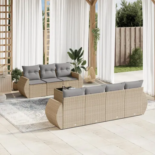 Conjunto de Sofás p/ Jardim com Almofadões Vime PE Bege (8 pcs)