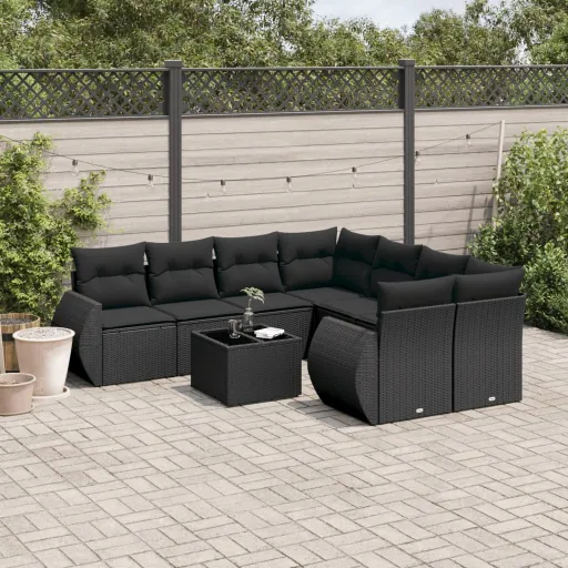Conjunto de Sofás p/ Jardim c/ Almofadões Vime PE Preto (9 pcs)