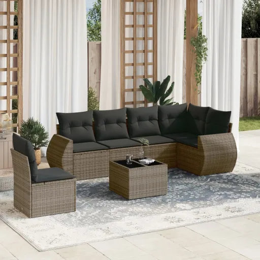 Conjunto Sofás p/ Jardim c/ Almofadões Vime PE Cinzento (7 pcs)