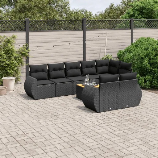 Conjunto de Sofás p/ Jardim c/ Almofadões Vime PE Preto (9 pcs)