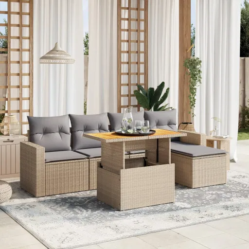 Conjunto de Sofás p/ Jardim com Almofadões Vime PE Bege (6 pcs)