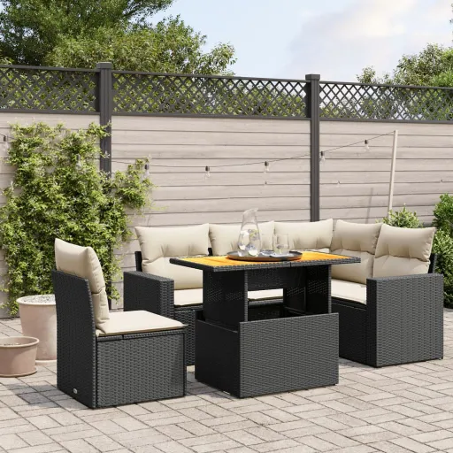 Conjunto Sofás de Jardim c/ Almofadões Vime PE Preto (6 pcs)