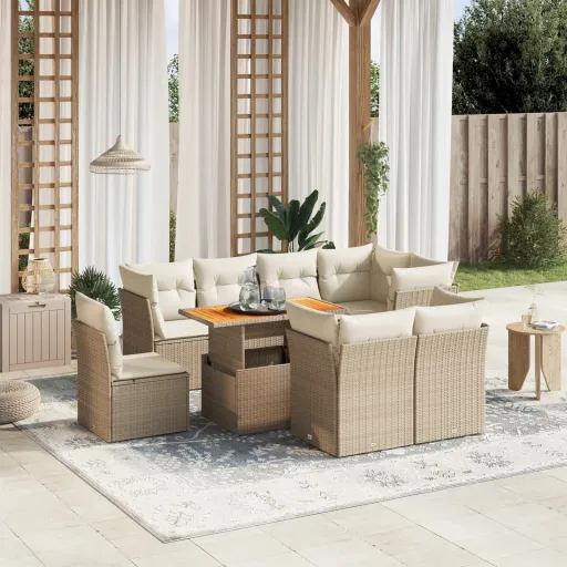 Conjunto de Sofás p/ Jardim com Almofadões Vime PE Bege (9 pcs)