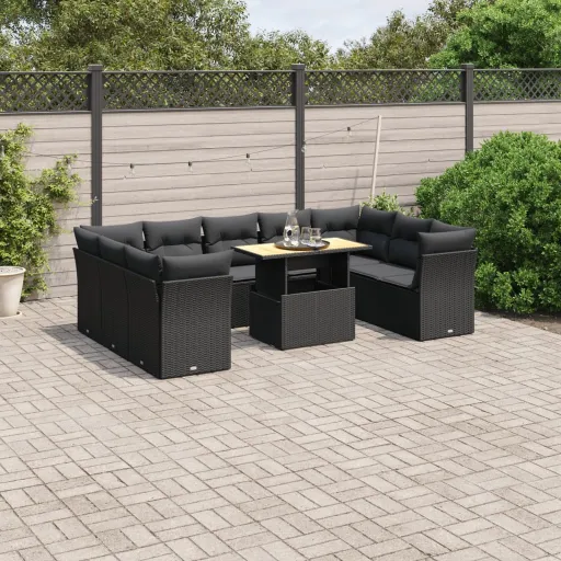 Conjunto Sofás de Jardim c/ Almofadões Vime PE Preto (10 pcs)