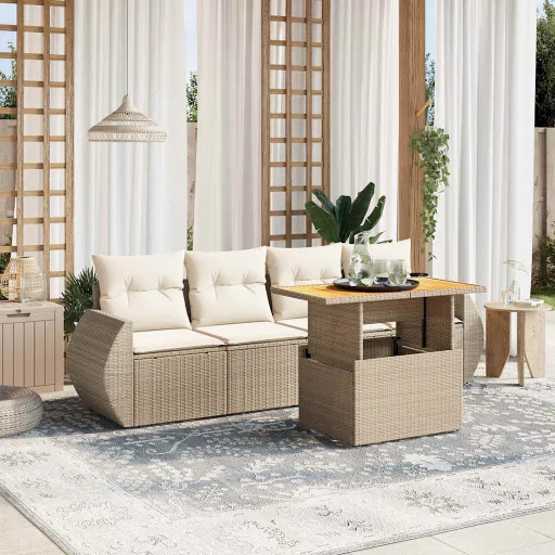Conjunto de Sofás p/ Jardim com Almofadões Vime PE Bege (5 pcs)