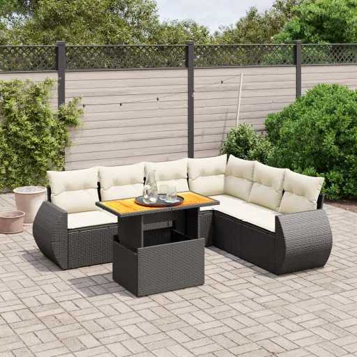 Conjunto de Sofás p/ Jardim c/ Almofadões Vime PE Preto (7 pcs)
