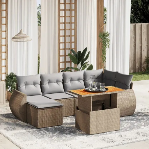 Conjunto de Sofás p/ Jardim com Almofadões Vime PE Bege (7 pcs)