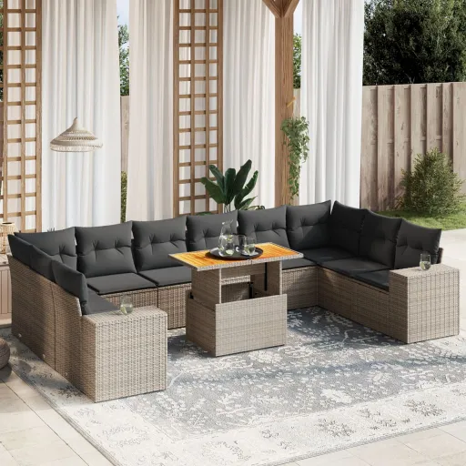 Conjunto Sofás de Jardim c/ Almofadões Vime PE Cinzento (11 pcs)