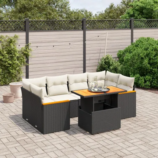 Conjunto de Sofás p/ Jardim c/ Almofadões Vime PE Preto (7 pcs)