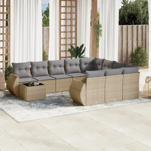 Conjunto Sofás de Jardim c/ Almofadões Vime PE Bege (11 pcs)