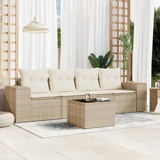 Conjunto de Sofás p/ Jardim com Almofadões Vime PE Bege (5 pcs)