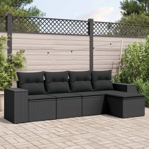 Conjunto Sofás de Jardim com Almofadões Vime PE Preto (5 pcs)
