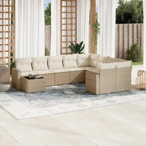 Conjunto de Sofás p/ Jardim com Almofadões Vime PE Bege (10 pcs)
