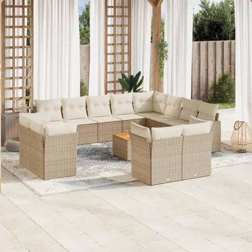 Conjunto de Sofás p/ Jardim com Almofadões Vime PE Bege (13 pcs)