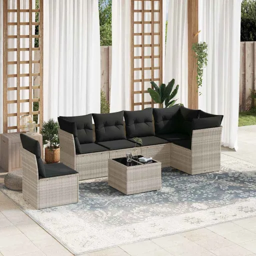 Conj. Sofás Jardim com Almofadões Vime PE Cinzento-Claro (7 pcs)