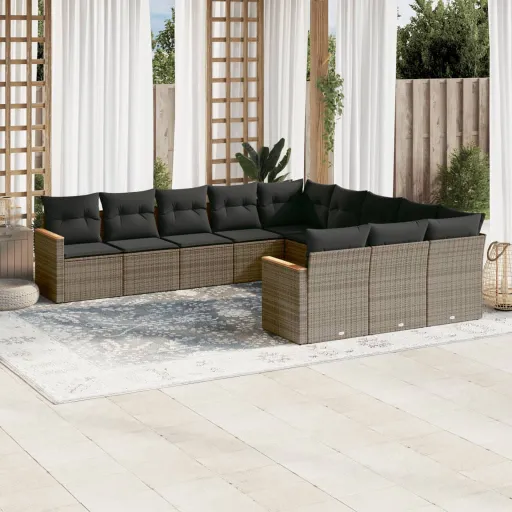 Conjunto Sofás de Jardim c/ Almofadões Vime PE Cinzento (11 pcs)