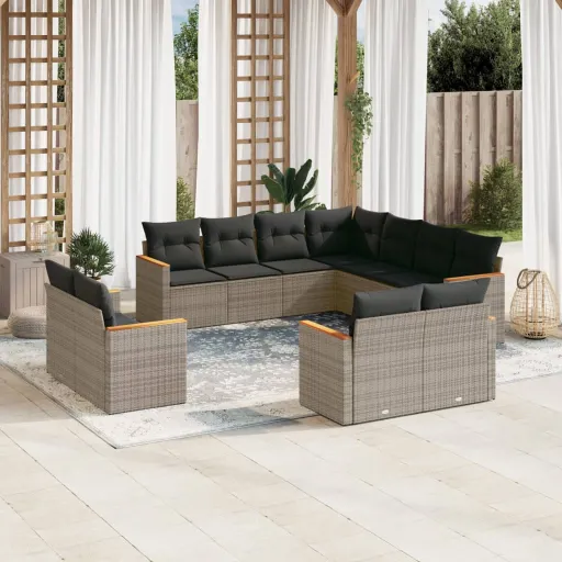 Conjunto Sofás de Jardim c/ Almofadões Vime PE Cinzento (11 pcs)
