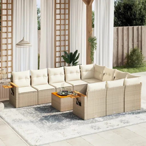 Conjunto Sofás de Jardim c/ Almofadões Vime PE Bege (11 pcs)