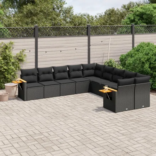 Conjunto Sofás de Jardim c/ Almofadões Vime PE Preto (10 pcs)