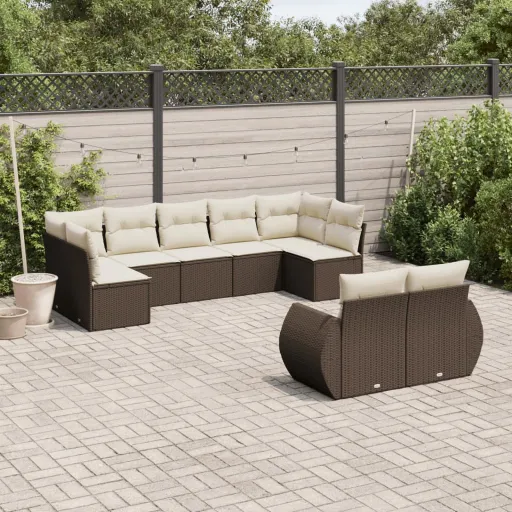 Conjunto Sofás p/ Jardim c/ Almofadões Vime PE Castanho (9 pcs)