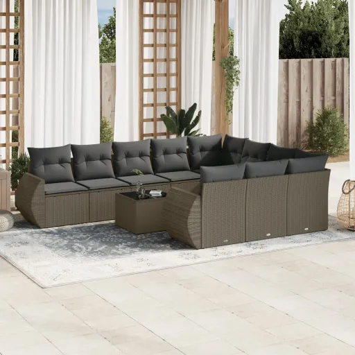 Conjunto Sofás de Jardim c/ Almofadões Vime PE Cinzento (11 pcs)