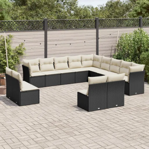 Conjunto de Sofás de Jardim com Almofadões Vime PE Preto (13 pcs)