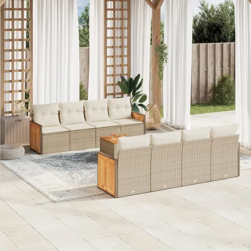 Conjunto de Sofás p/ Jardim com Almofadões Vime PE Bege (9 pcs)