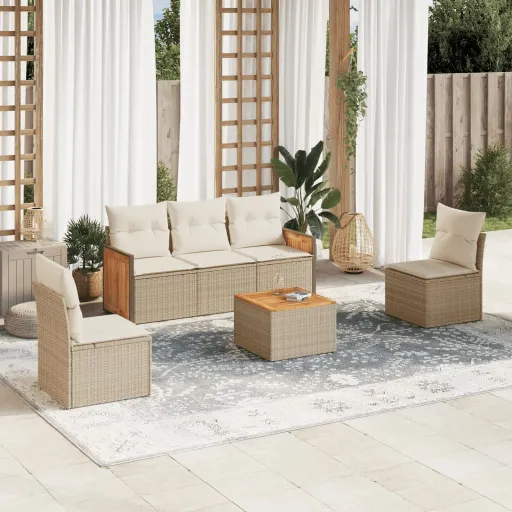 Conjunto de Sofás p/ Jardim com Almofadões Vime PE Bege (6 pcs)