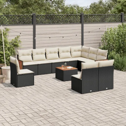 Conjunto Sofás de Jardim c/ Almofadões Vime PE Preto (11 pcs)