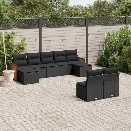 Conjunto de Sofás p/ Jardim c/ Almofadões Vime PE Preto (9 pcs)