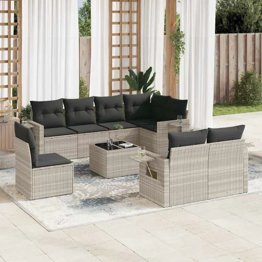 Conj. Sofás Jardim com Almofadões Vime PE Cinzento-Claro (9 pcs)