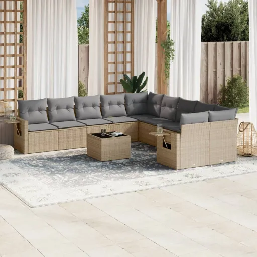 Conjunto Sofás de Jardim c/ Almofadões Vime PE Bege (11 pcs)