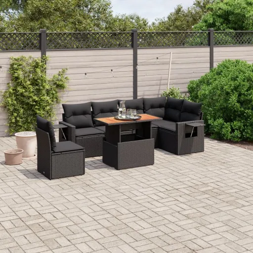 Conjunto de Sofás p/ Jardim c/ Almofadões Vime PE Preto (7 pcs)